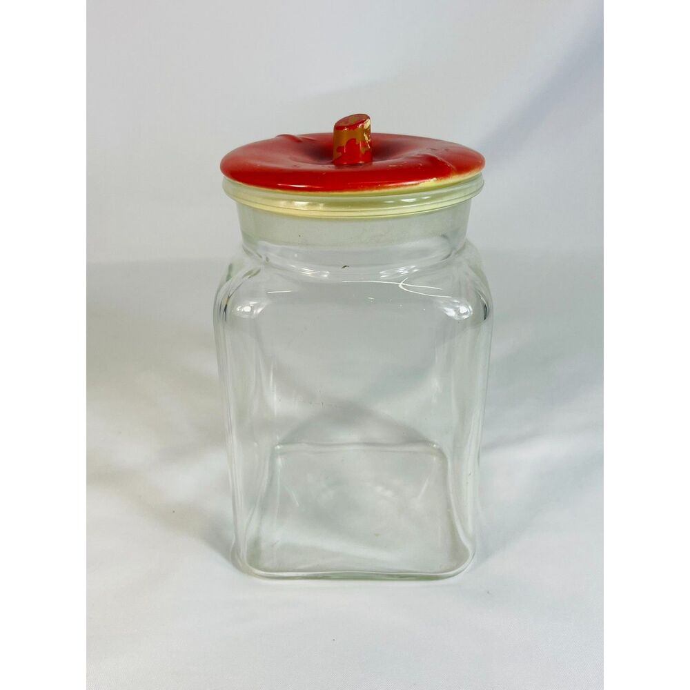 Vintage Glass Jar Apple Stem Lid Red Canister
